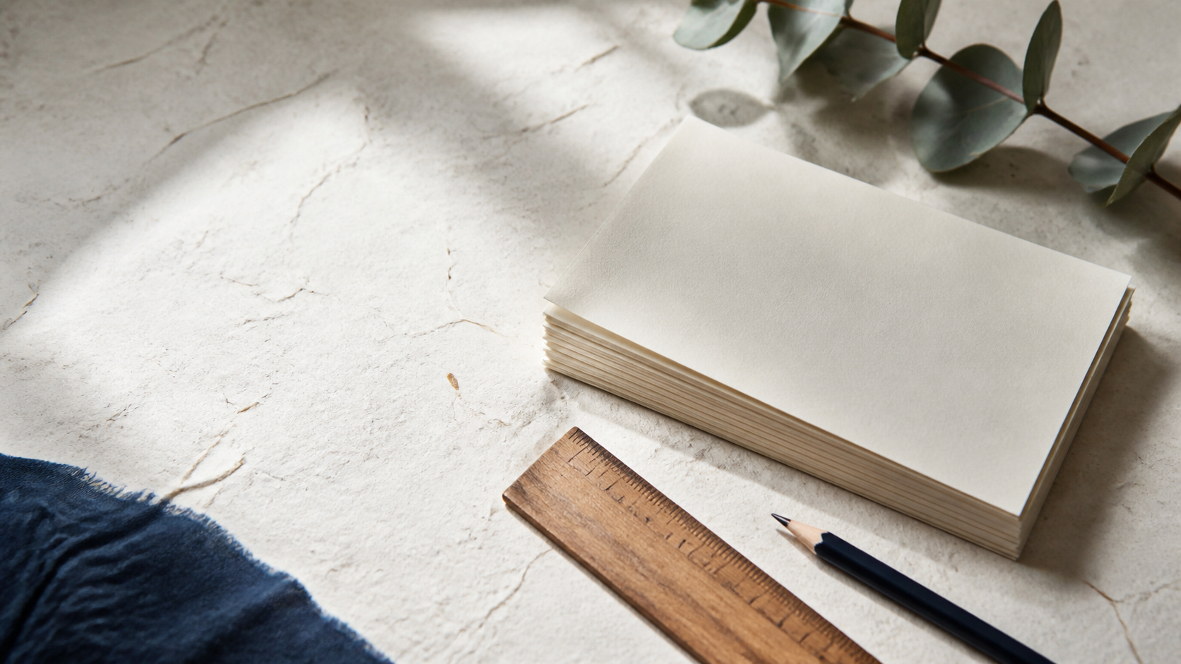 Stacked blank paper slips, a pencil and handmade paper with visible fibres and soft shadows.