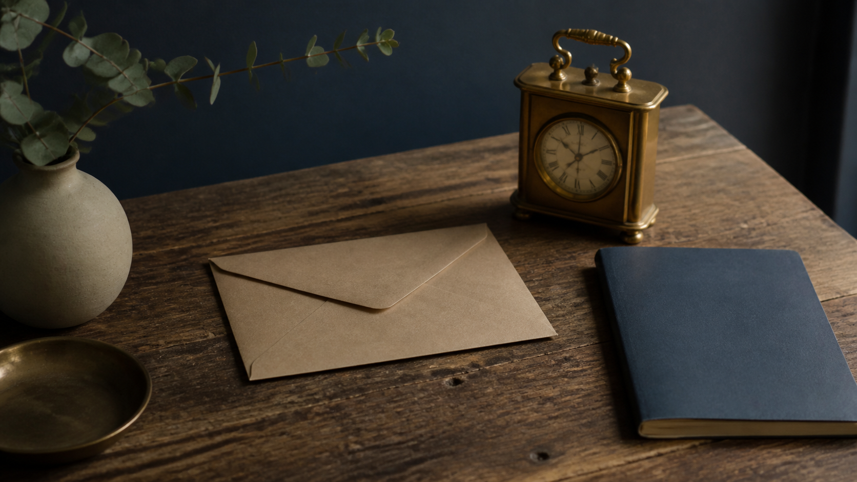 A plain envelope and small clock on worn oak, with realistic kraft paper, brass and wood.